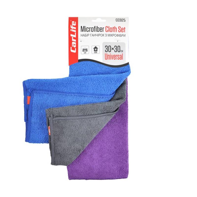 Carlife  CC925  Ганчірки з мікрофібри  30*30 см синя,сіра,фіолетова 3шт. (блістер)