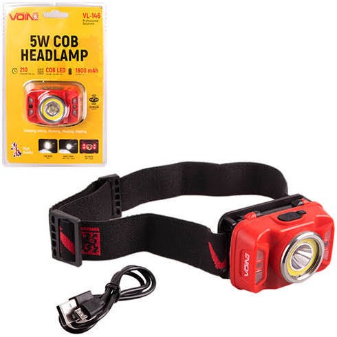 Фонарь налобный VOIN VL-146, 5W-COB+(W/R)+5W XPE/АКБ1800mAh/рег.наклона/сенсор